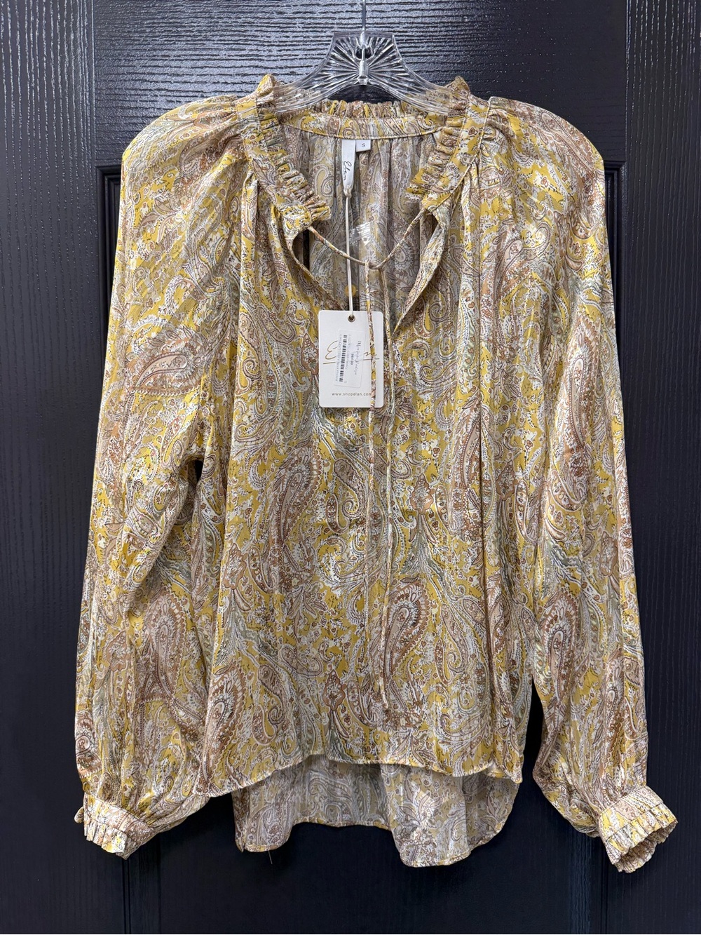 NWT Elan Gold/Cream/Tan Paisley Ruffle-Neck Blouse